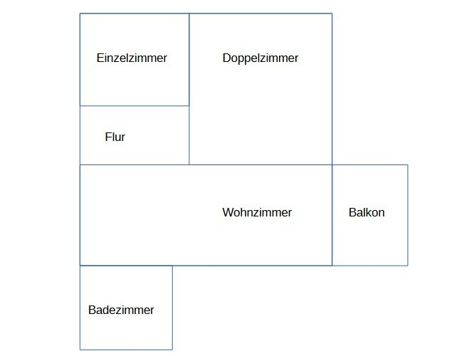 Zeichnung Grundriss mit Einzelzimmer, Doppelzimmer, Wohnzimmer, Flur, Balkon und Bad