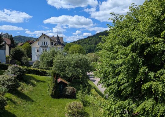 Landschaft mit grünem Gelände, Bäumen und einem weißen Haus im Hintergrund.