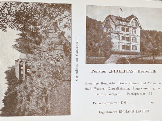 Historisches Hotel in den Bergen, umgeben von Bäumen, mit zwei Ansichten.
