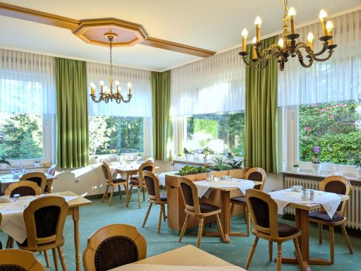 Helle, einladende Gaststube mit Holzdekor, Tischen und Blick ins Grüne.