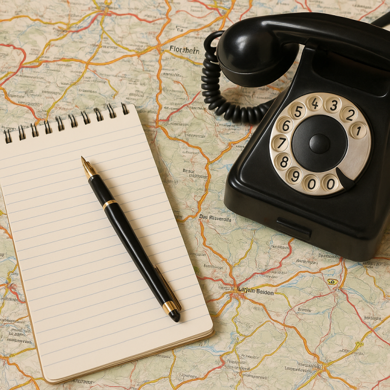 Schwarzes WählscheibenTelefon, Notizblock und Stift auf einer Landkarte.