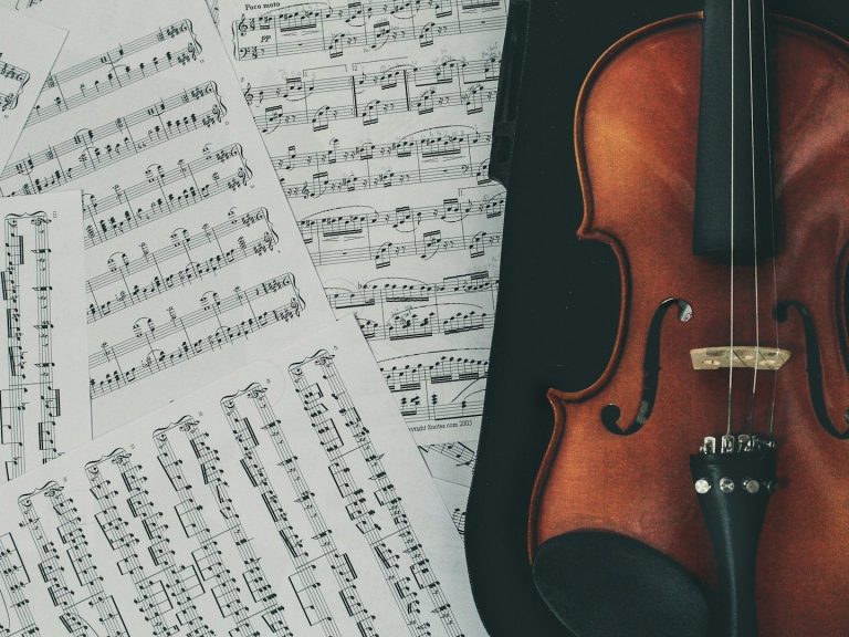 Eine Violine liegt neben Notenblättern auf einem dunklen Untergrund.