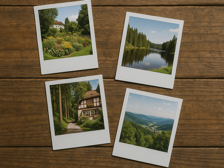 Eine Collage von vier Polaroid-Fotos: Blumen, See, Waldhaus und Landschaft.