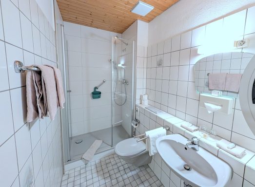 Helles Badezimmer mit Dusche, Waschbecken und Toilette, gefliest und modern eingerichtet.