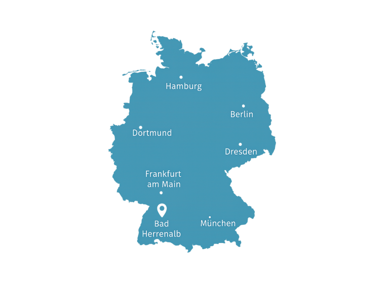 Karte von Deutschland mit Städtenamen und Standortmarkierung in Blau.