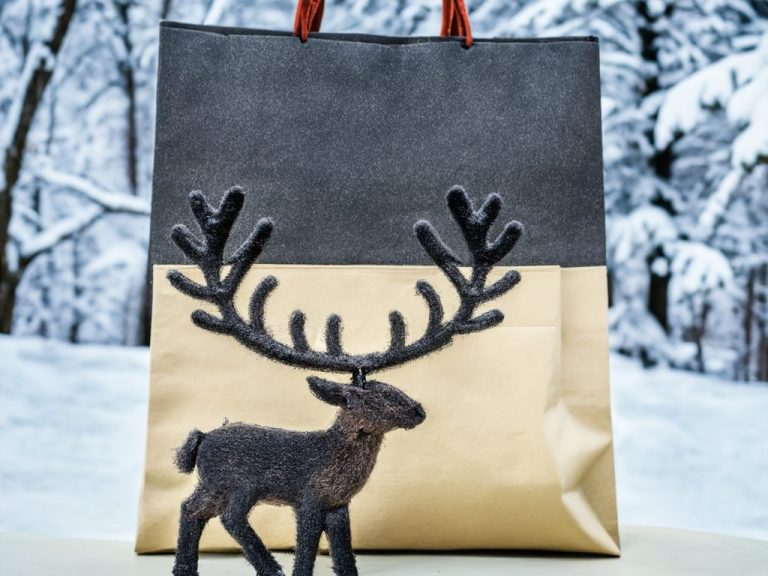 Schwarze und beige Einkaufstasche mit einem Hirsch aus Filz im Vordergrund.